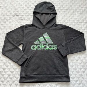 adidas Kids Gray Tech Fleece Hoodie Sweatshirt Green Logo Size M